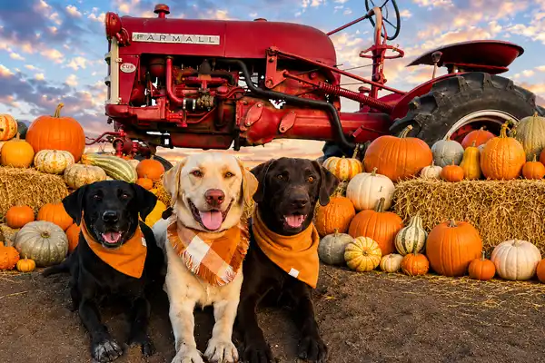 Three dogs with bandanas sitting by pumpkins, haybales and a tractor